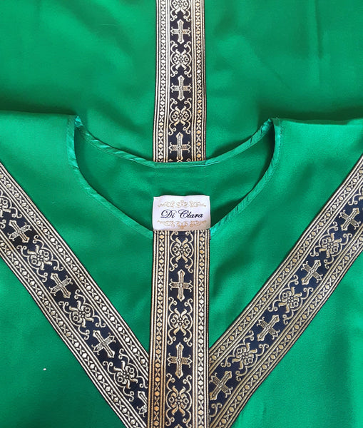 Green Catholic vestments. Black and gold orphrey. Close up. Di Clara label. 
