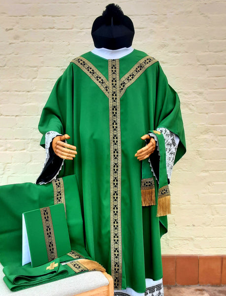 Green Catholic vestments. 5 five piece set. Front view. 