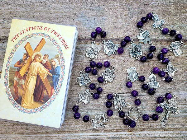 Purple stations of the cross rosary with booklet 