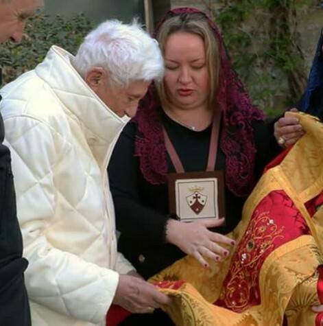 When I presented Pope Emeritus Benedict XVI with his 90th Birthday Di Clara vestments.