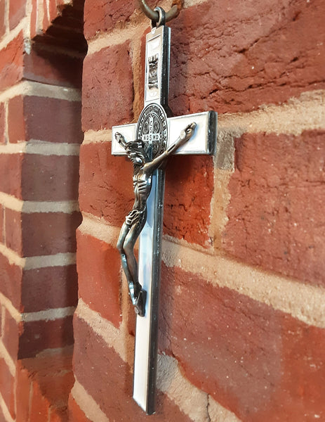 White St Benedict wall cross crucifix. Side view. 