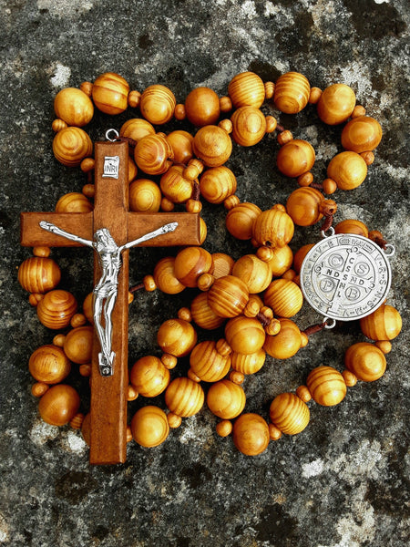 Large wall rosary. Wooden beads. St Benedict crucifix. 