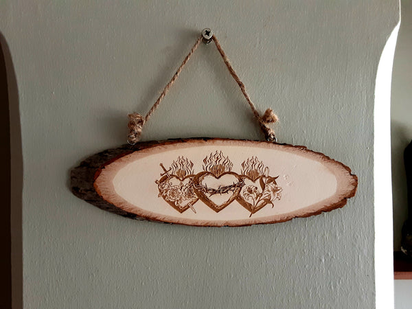 3 three Hearts Wooden Wall Plaque. Joseph, Mary, Jesus. Sword, crown of thorns, lily. 