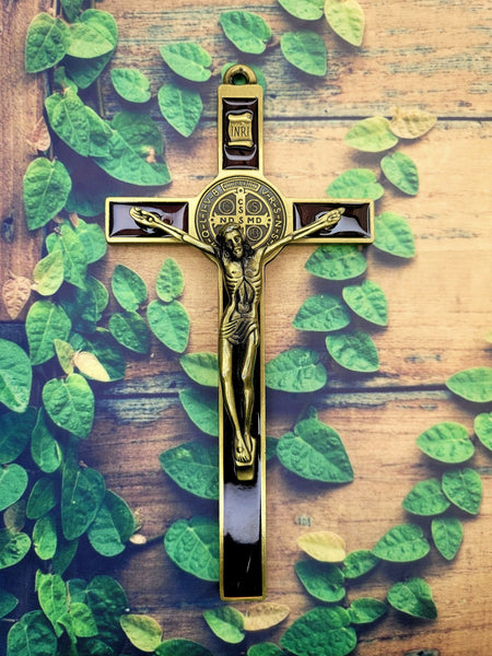 St benedict crucifix brown gold front 