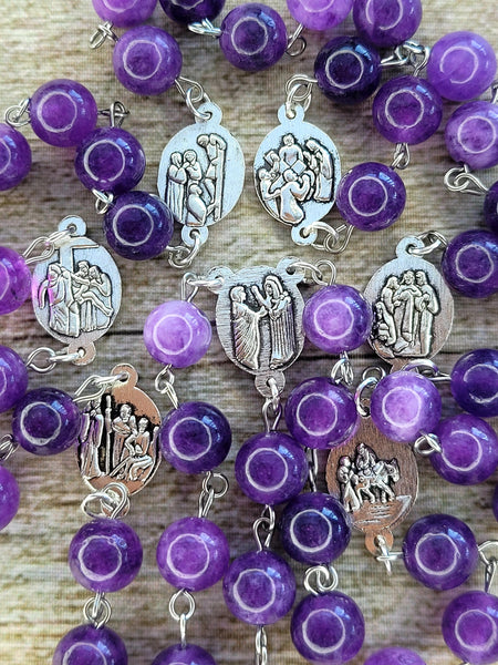 Purple Amethyst seven sorrows rosary close up