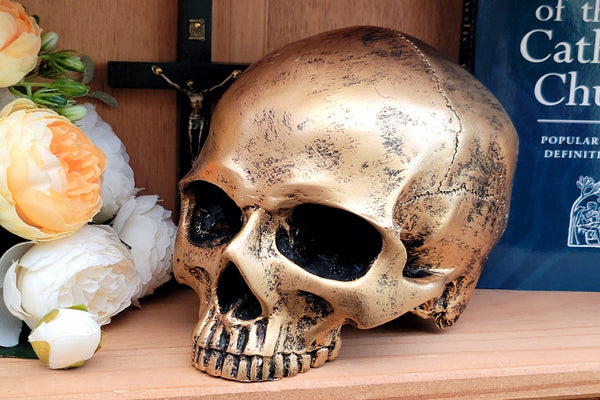Gold memento mori skull close up