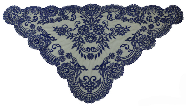 Beautiful Catholic Di Clara traditional blue embroidered lace mantilla chapel veil, full view.