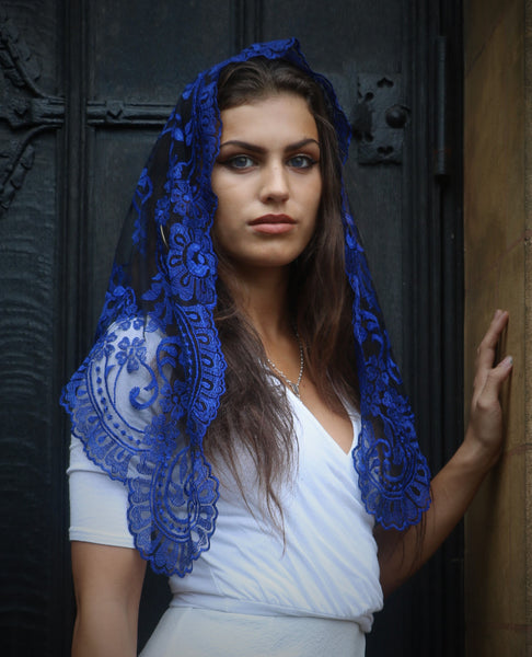 Beautiful Catholic Di Clara traditional blue embroidered lace mantilla chapel veil, front view.