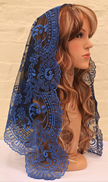 Beautiful Catholic Di Clara traditional blue embroidered lace mantilla chapel veil, side view. Red blonde hair.