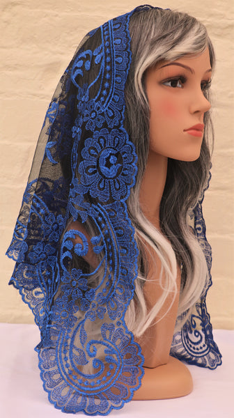 Beautiful Catholic Di Clara traditional blue embroidered lace mantilla chapel veil, side view. Grey hair.